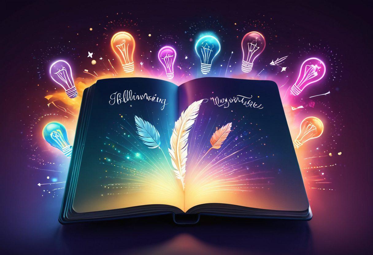 An open notebook with a glowing quill pen, surrounded by a burst of colorful blog post icons like lightbulbs, charts, and speech bubbles. The background features a twinkling night sky symbolizing creativity and inspiration, with gentle sparkles that suggest ideas flowing. Bright beams of light shine from the quill, illuminating the words 'Illuminate Your Narrative' written in an elegant font. super-realistic. vibrant colors. mystical atmosphere.