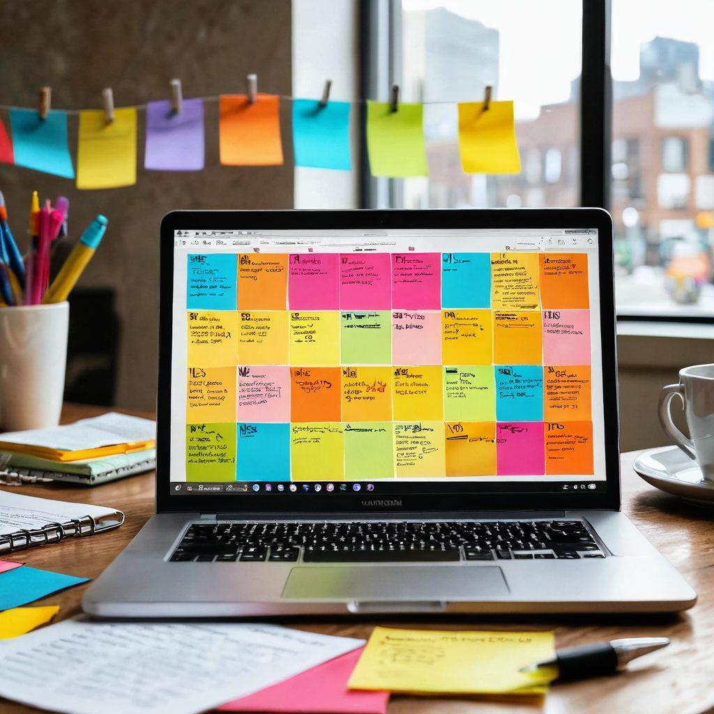 An open laptop with a captivating blog post on the screen, surrounded by colorful sticky notes filled with creative ideas and keywords. In the background, a comfy workspace with a warm cup of coffee, books on storytelling techniques, and SEO tips, creating an inviting atmosphere for writers. The scene should be bright and cheerful, suggesting inspiration and productivity. super-realistic. vibrant colors. 3D.