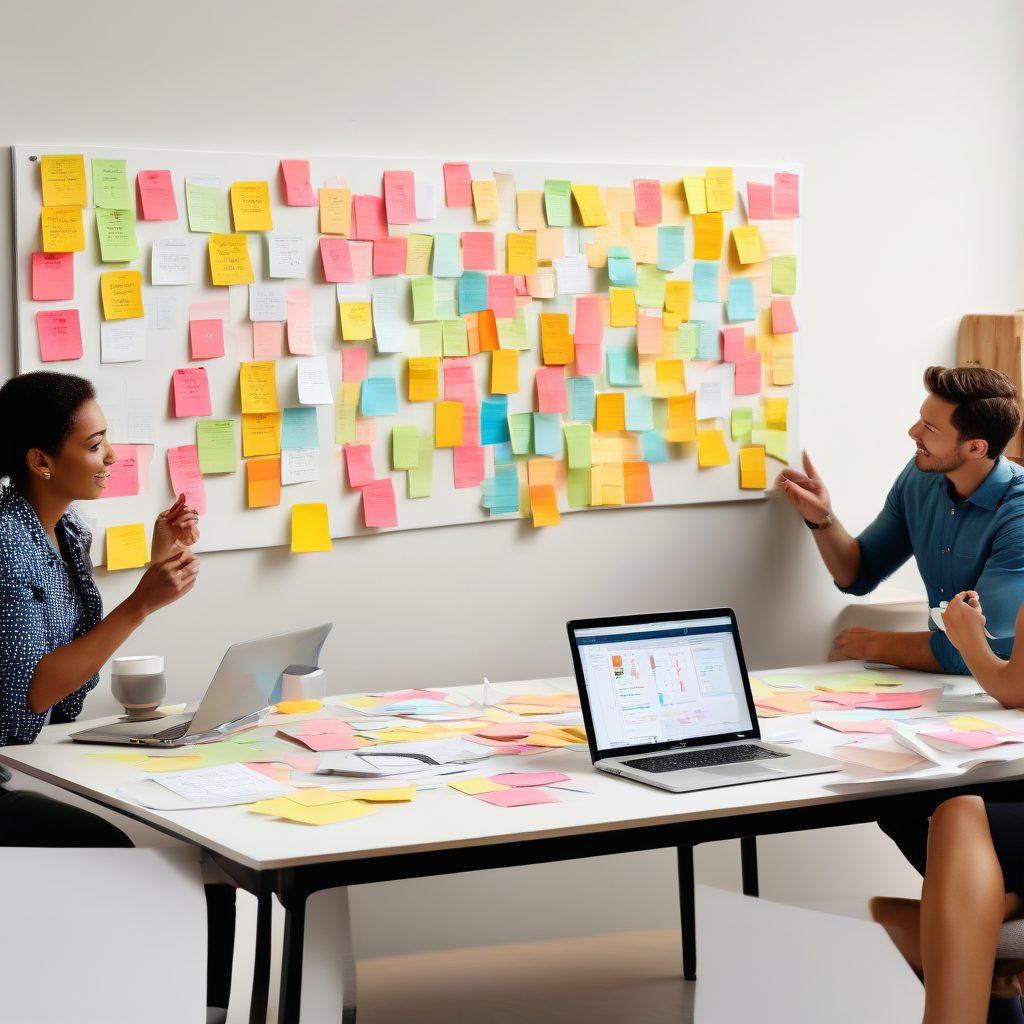 A dynamic workspace scene showing a diverse group of people brainstorming ideas around a large table, with sticky notes, laptops, and coffee cups scattered around. Illustrate a flowchart on a whiteboard that connects 'Ideas' to 'Impact', highlighting the step-by-step process. Include vibrant colors and expressive facial expressions to depict collaboration and enthusiasm. super-realistic. vibrant colors. white background.